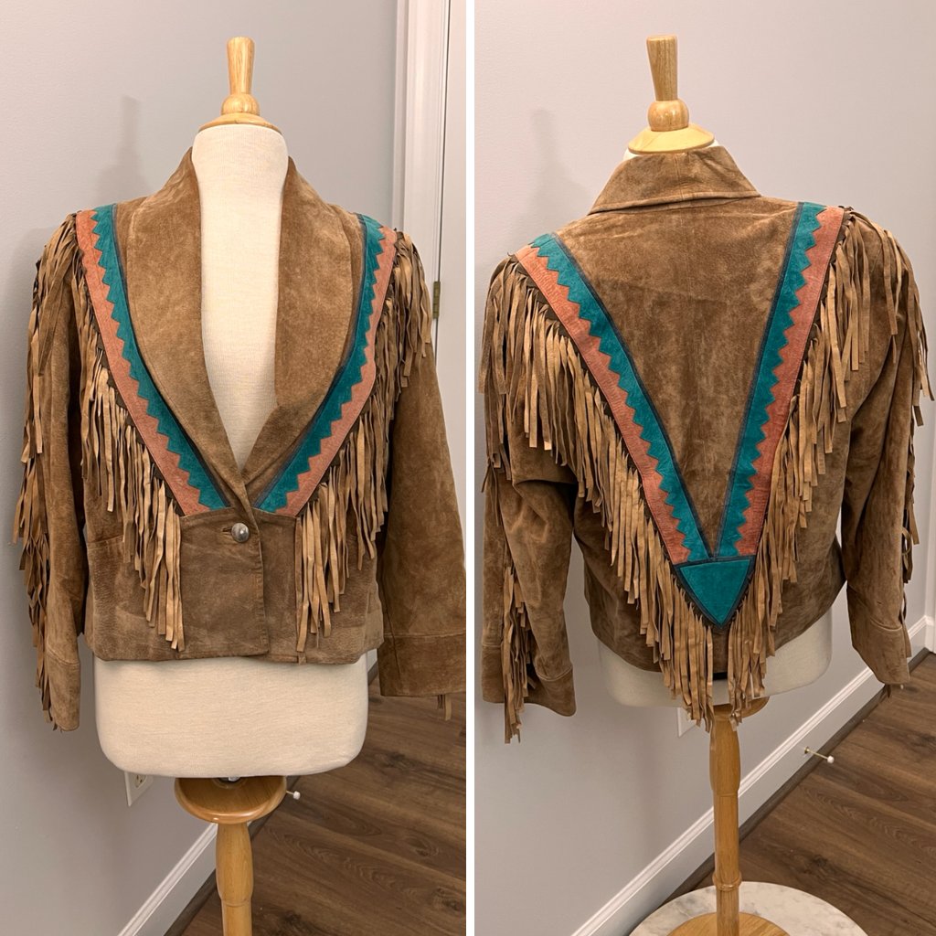 Vintage 80s Custom Handmade Suede Leather Jacket Fringe Southwestern M